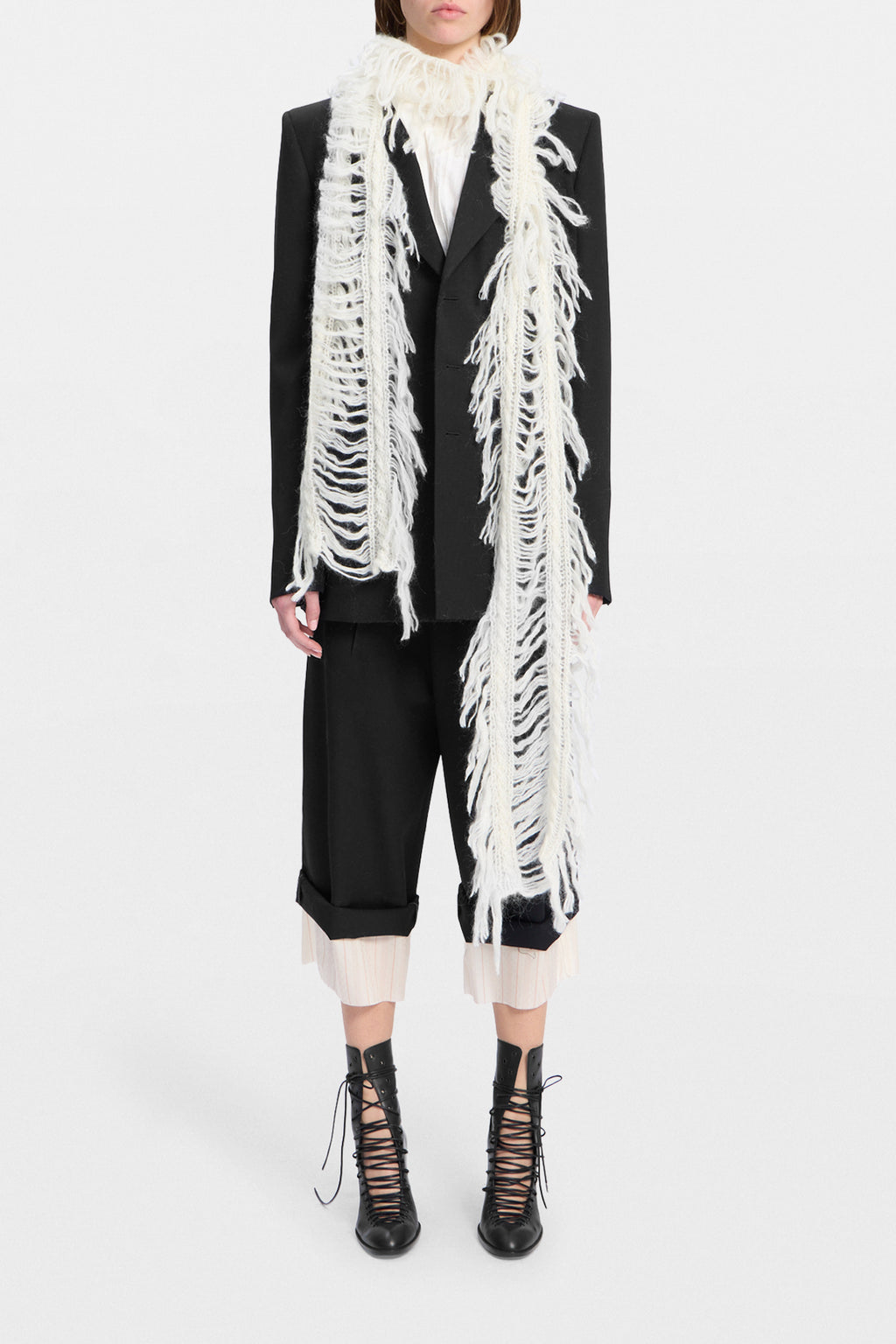 Drina Cable Knit Ladder Stitch Fringed Scarf