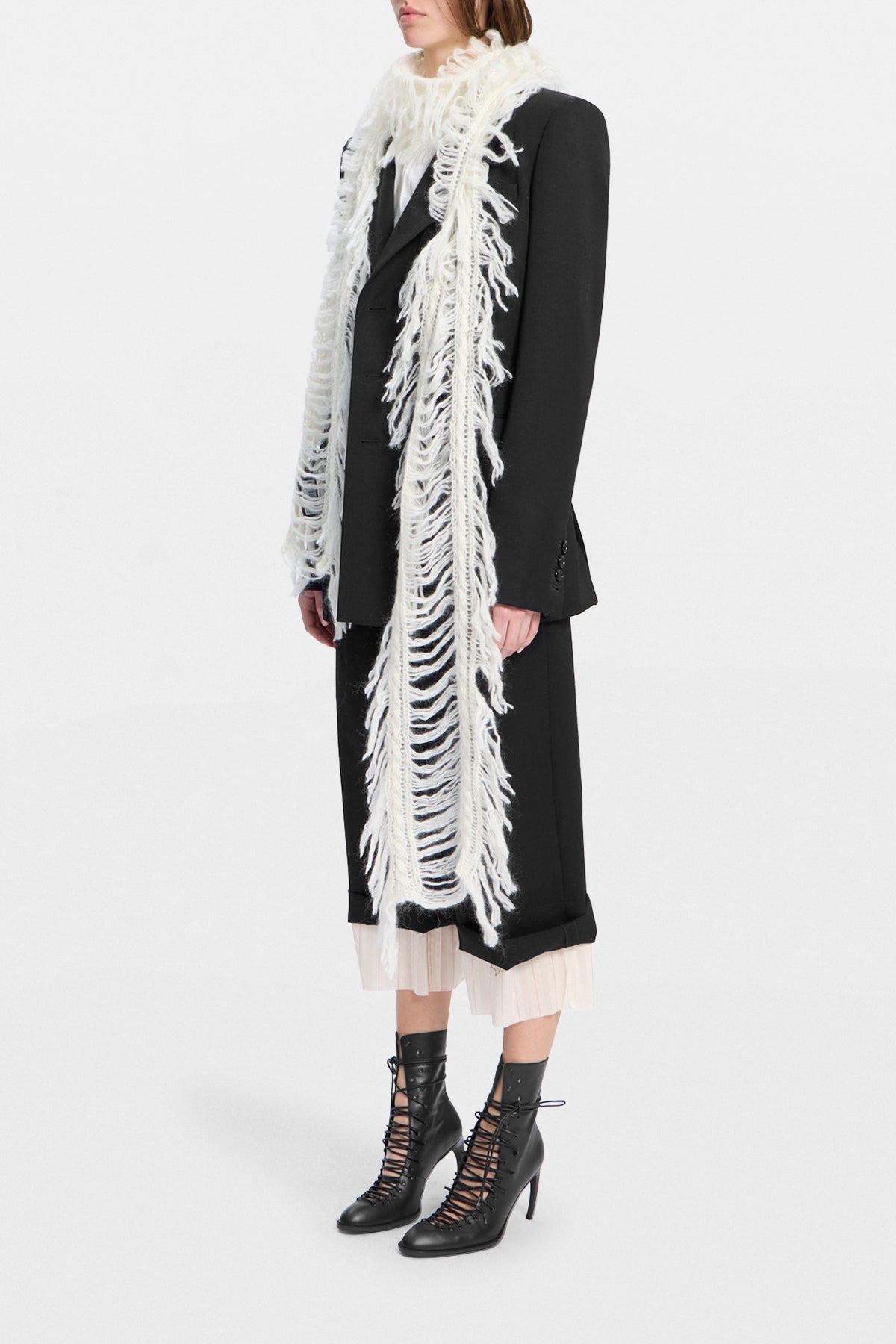 Drina Cable Knit Ladder Stitch Fringed Scarf