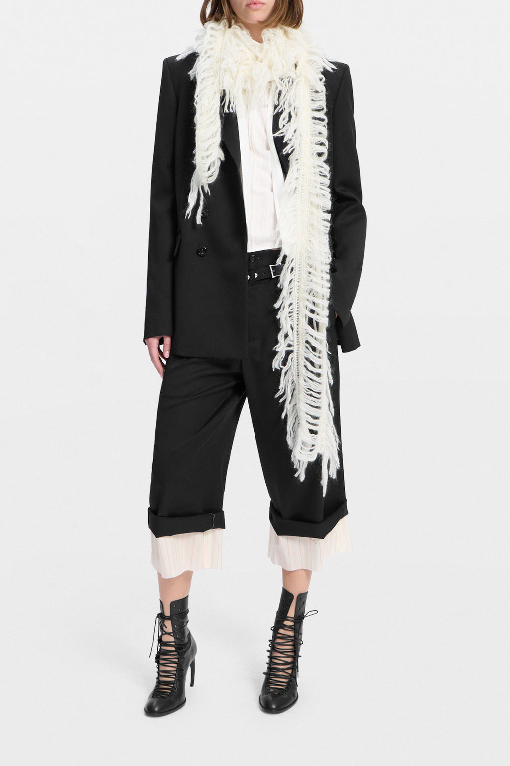 Drina Cable Knit Ladder Stitch Fringed Scarf