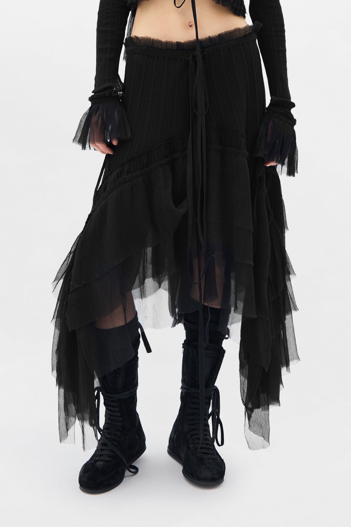 Gonna Midi Bete con Balze in Creponne di Seta 