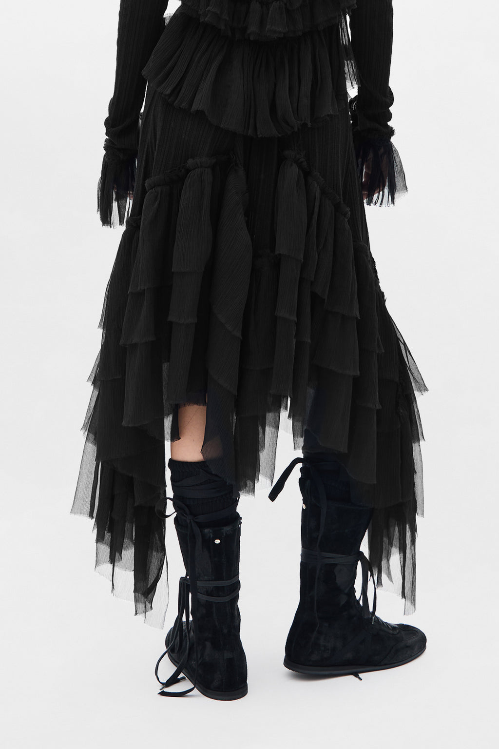 Gonna Midi Bete con Balze in Creponne di Seta 