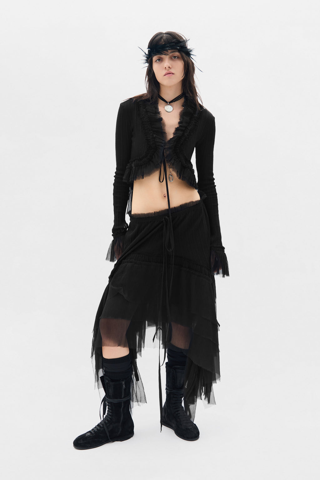 Gonna Midi Bete con Balze in Creponne di Seta 