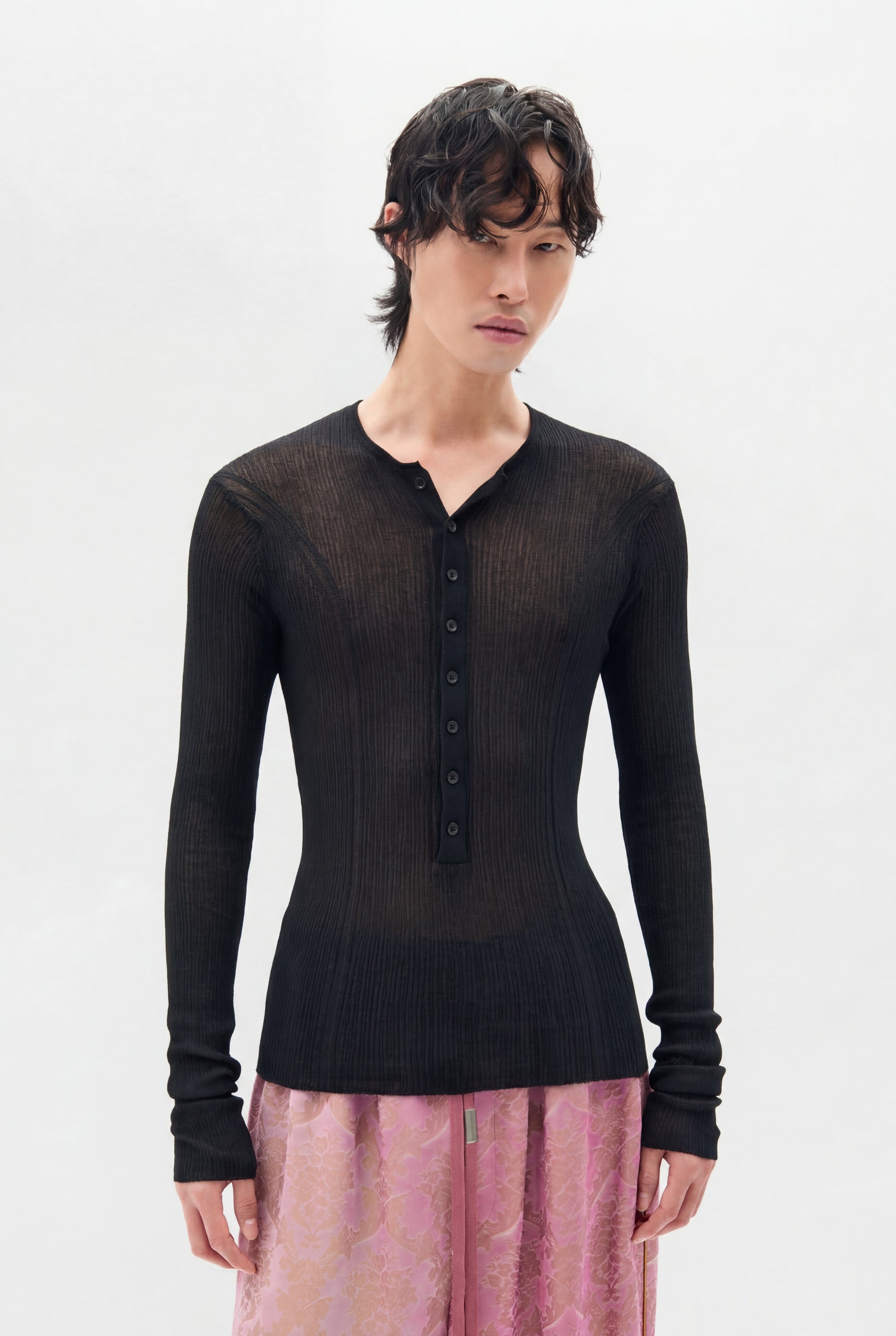 Bori Creponette Rib Fitted Serafino Knit Top