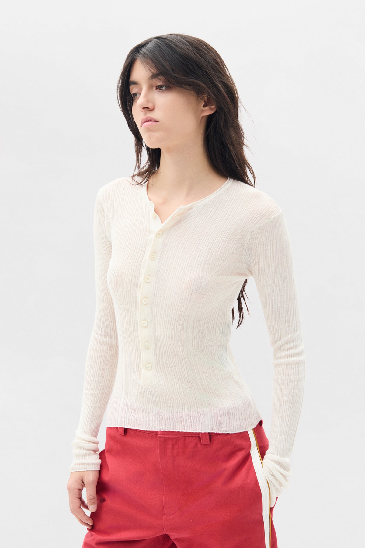 Miep Creponette Rib Fitted Serafino Knit Top