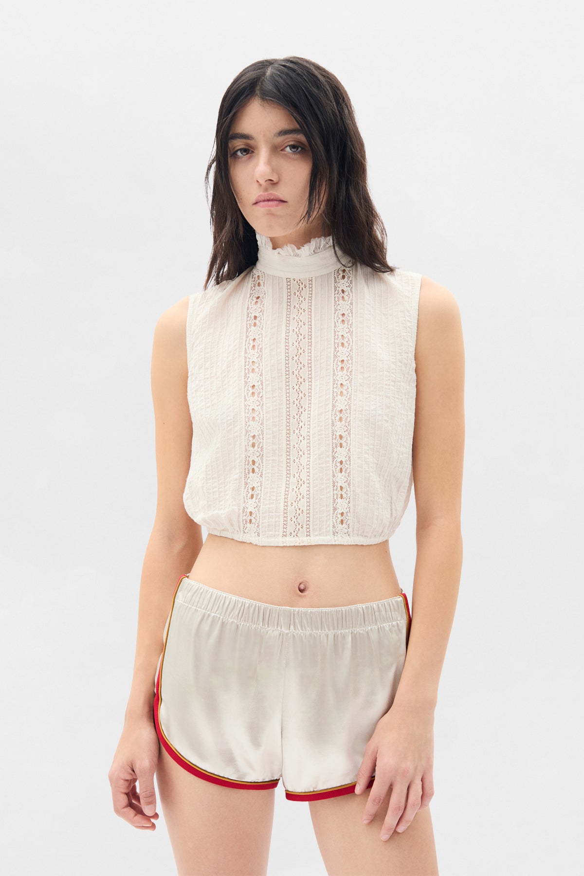 ANN DEMEULEMEESTER シルク　ストライプ タンクトップ 34 Dien Stand Collar Long Shirt – Ann Demeulemeester