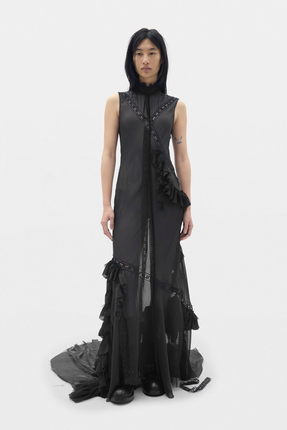 Monia X-Long High Neck Bias Dress With Lace Inalys and Ruffles