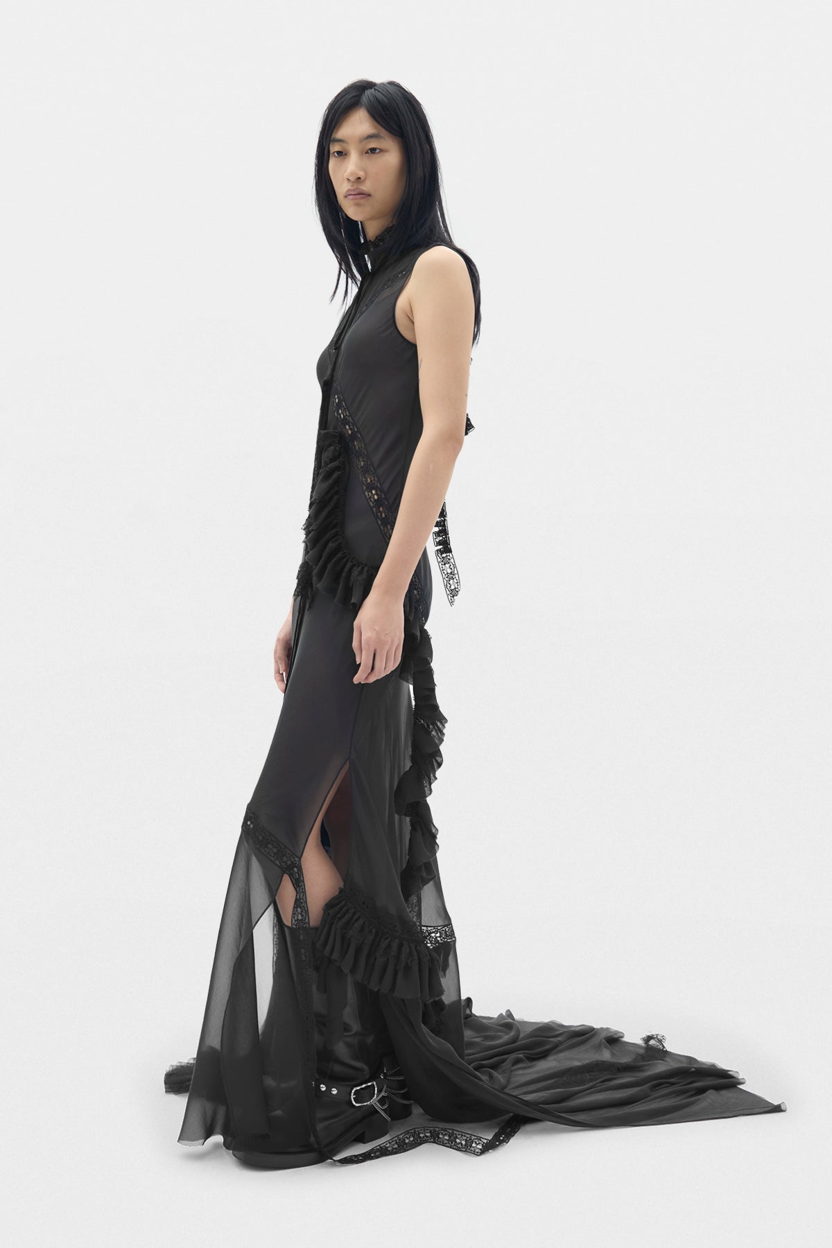 Monia X-Long High Neck Bias Dress With Lace Inalys and Ruffles