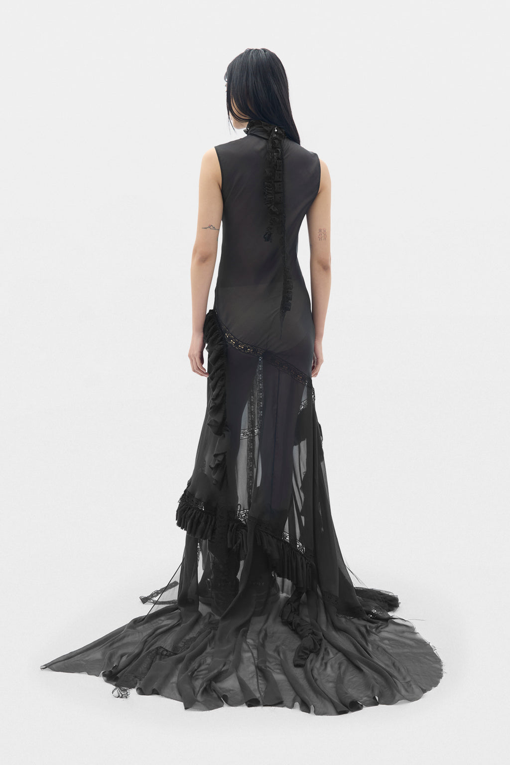Monia X-Long High Neck Bias Dress With Lace Inalys and Ruffles