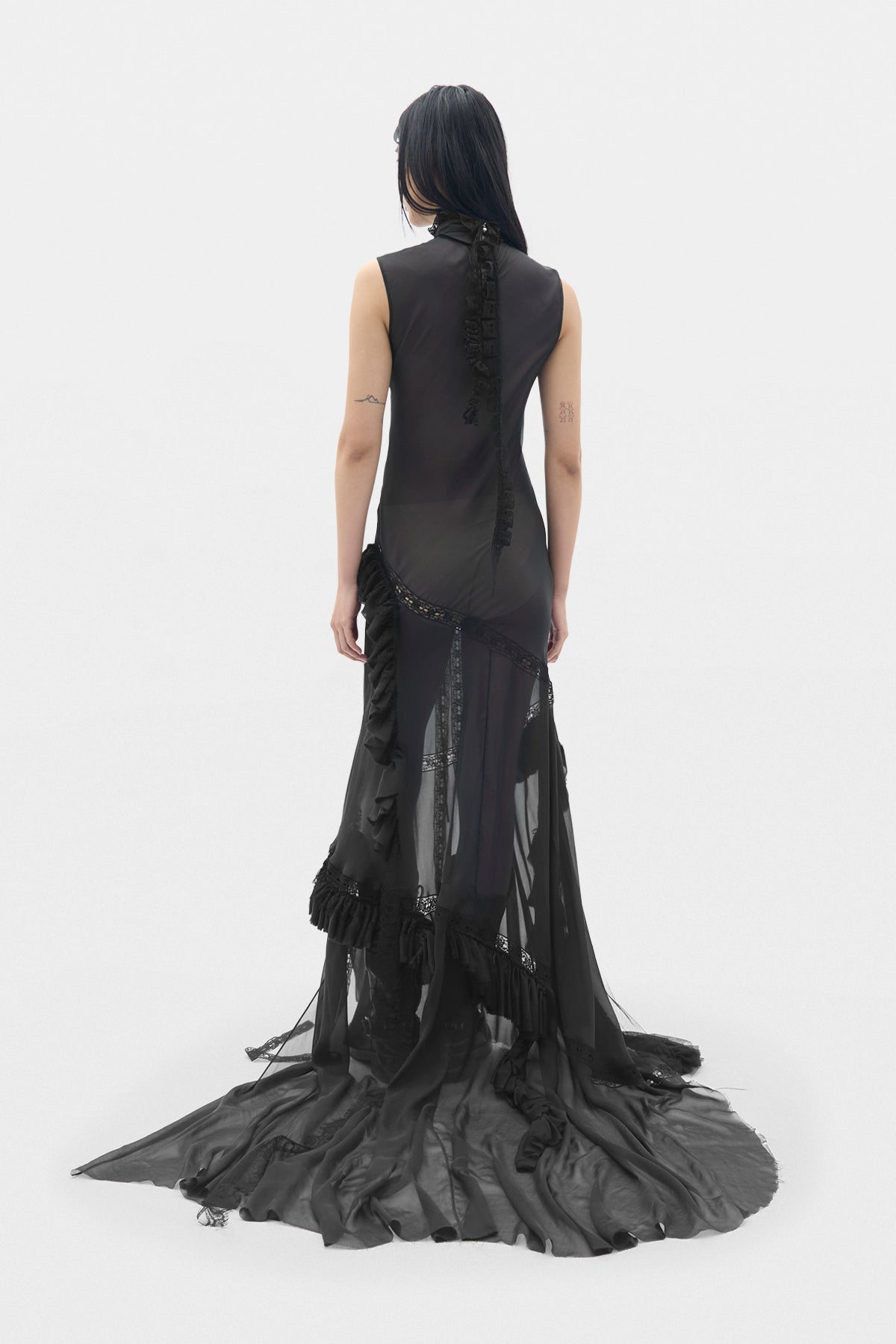 Monia X-Long High Neck Bias Dress With Lace Inalys and Ruffles