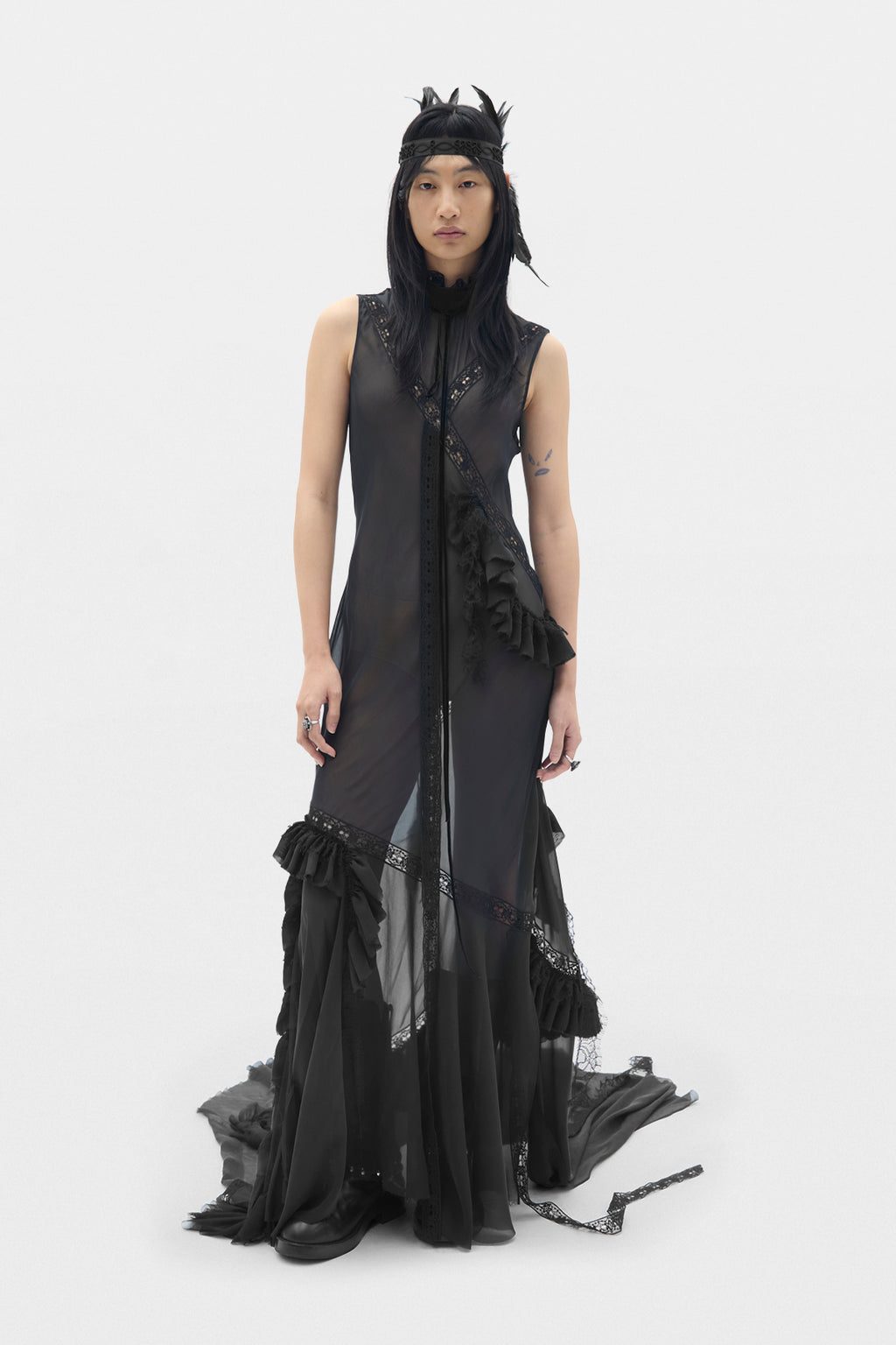 Monia X-Long High Neck Bias Dress With Lace Inalys and Ruffles