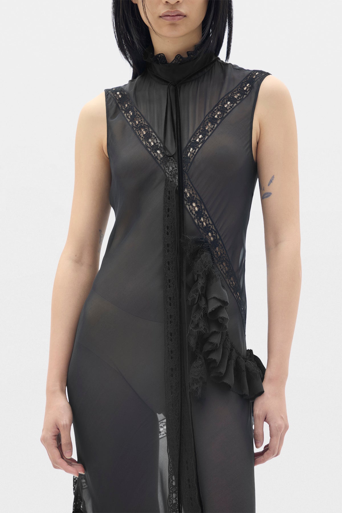 Monia X-Long High Neck Bias Dress With Lace Inalys and Ruffles