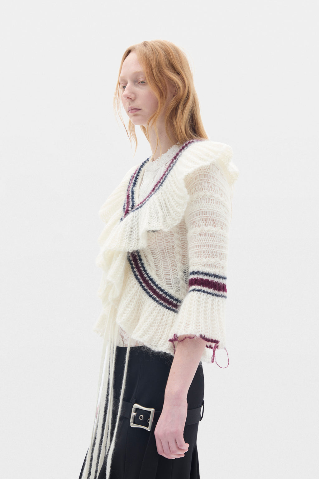 Udna Cable Knit Ladder Stich Cardigan With Ruffles
