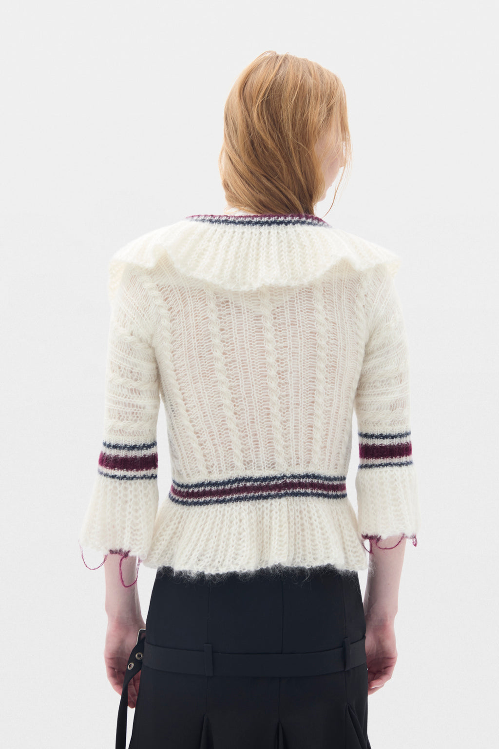 Udna Cable Knit Ladder Stich Cardigan With Ruffles