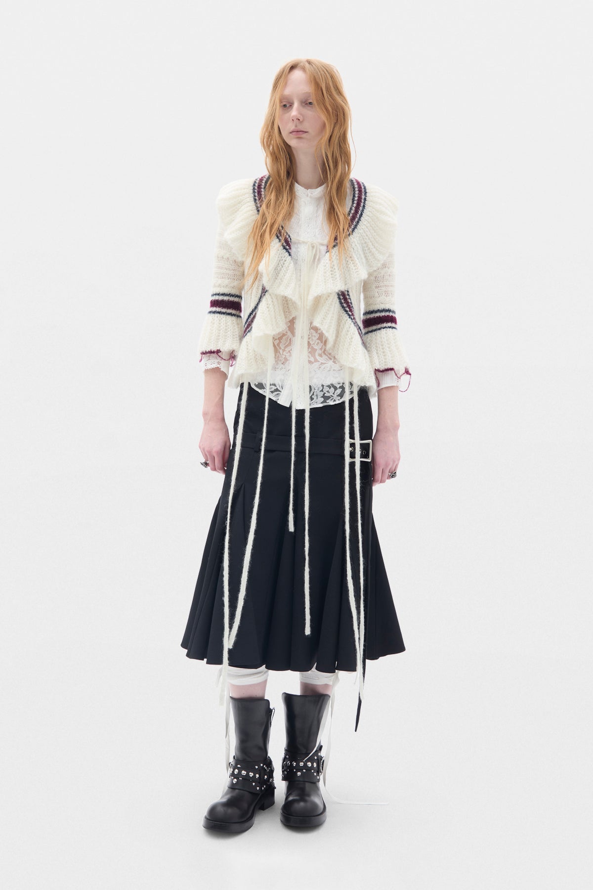 Udna Cable Knit Ladder Stich Cardigan With Ruffles