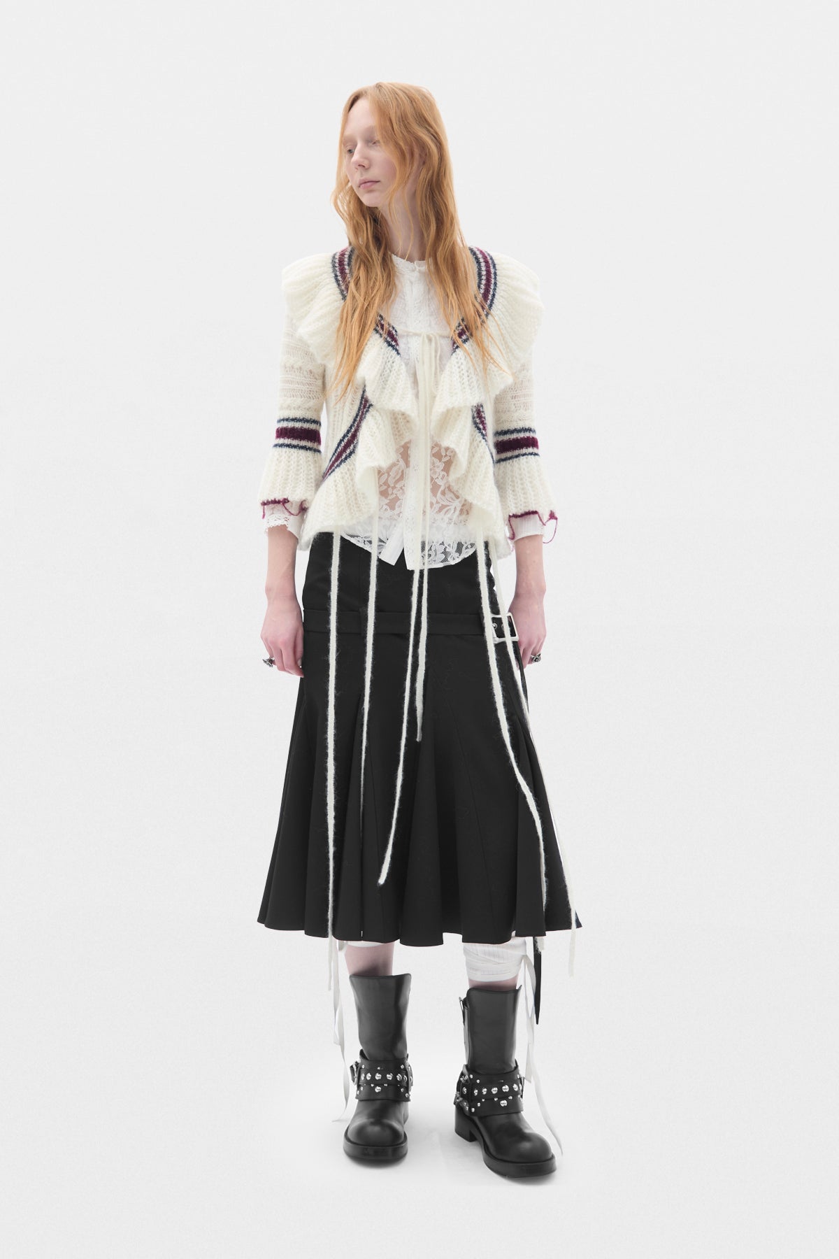Udna Cable Knit Ladder Stich Cardigan With Ruffles