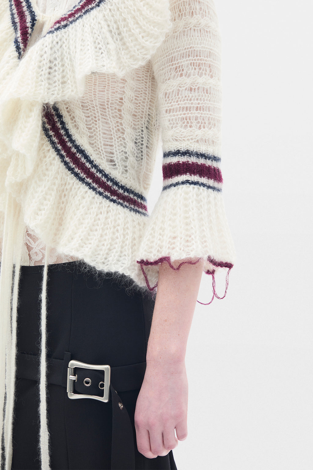 Udna Cable Knit Ladder Stich Cardigan With Ruffles
