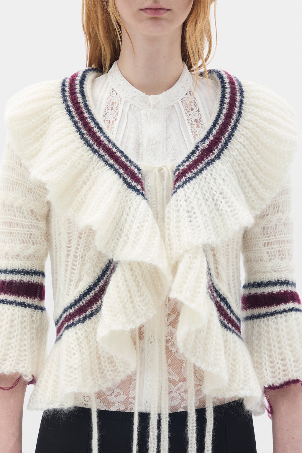 Udna Cable Knit Ladder Stich Cardigan With Ruffles