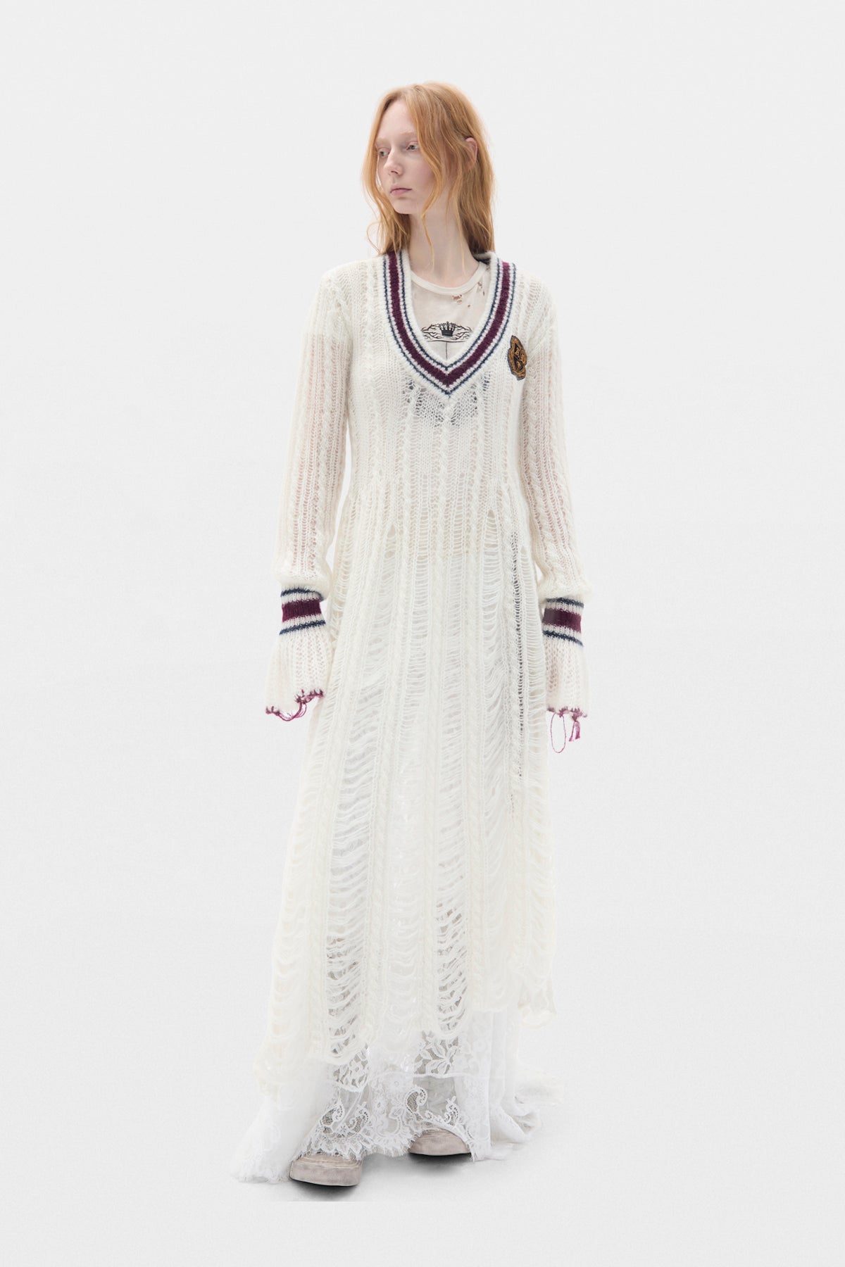 Danna Cable Knit Ladder Stitch Asymmetric Dress with Embroidered Emblem