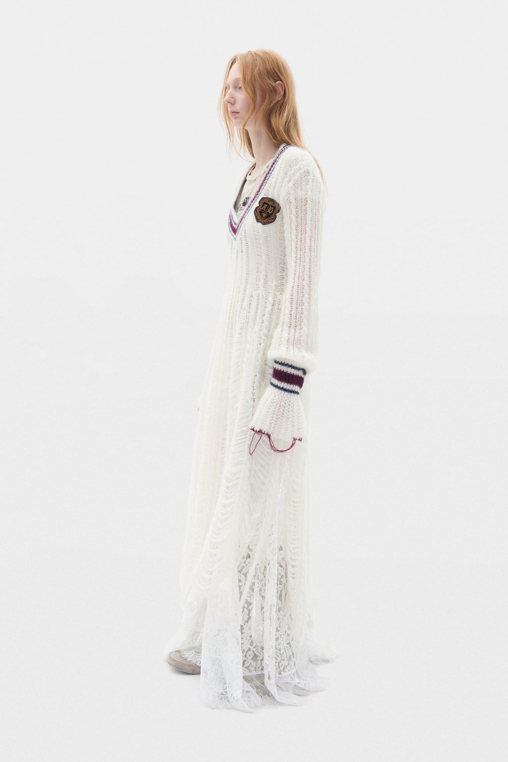 Danna Cable Knit Ladder Stitch Asymmetric Dress with Embroidered Emblem