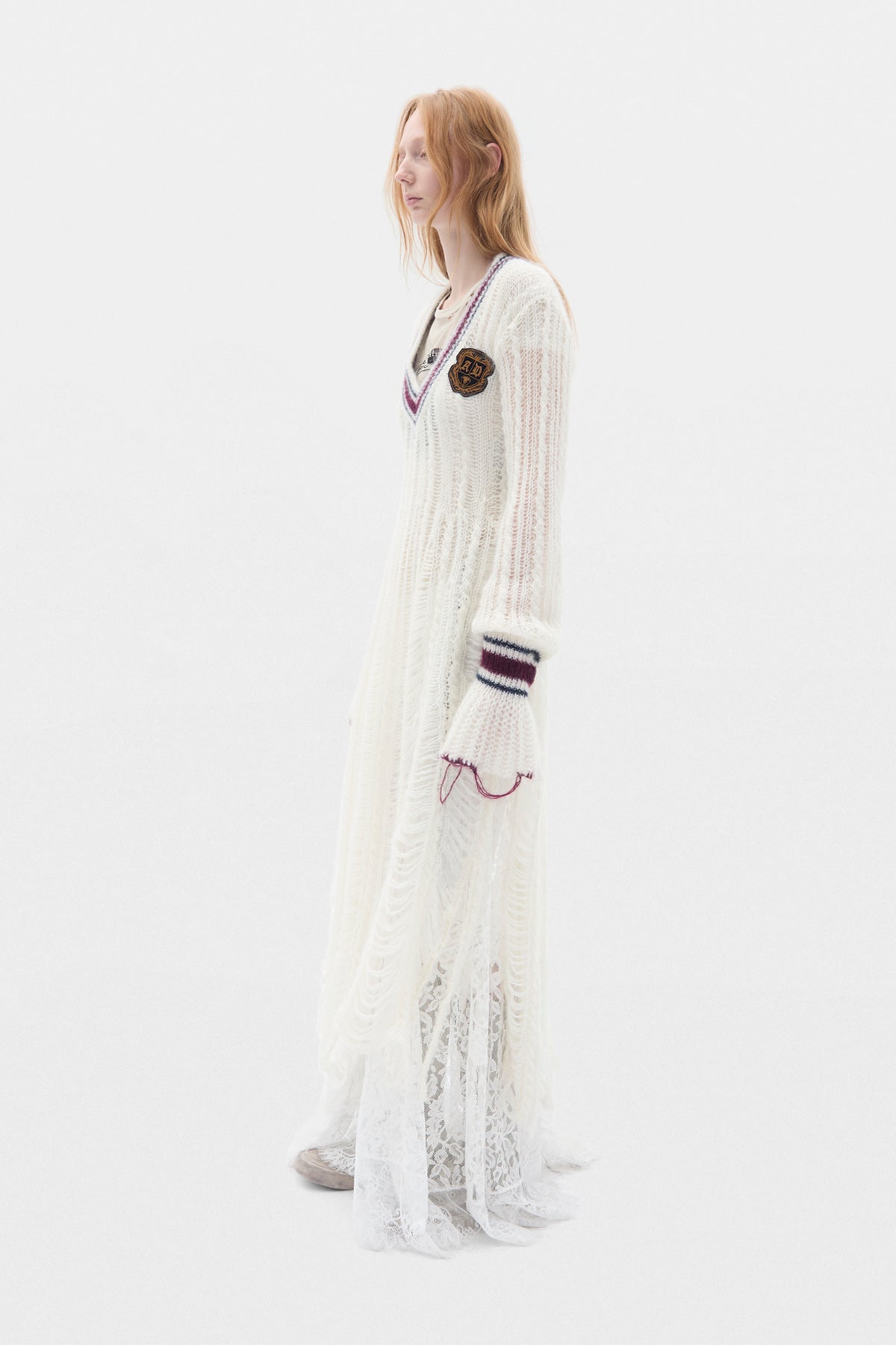 Danna Cable Knit Ladder Stitch Asymmetric Dress with Embroidered Emblem