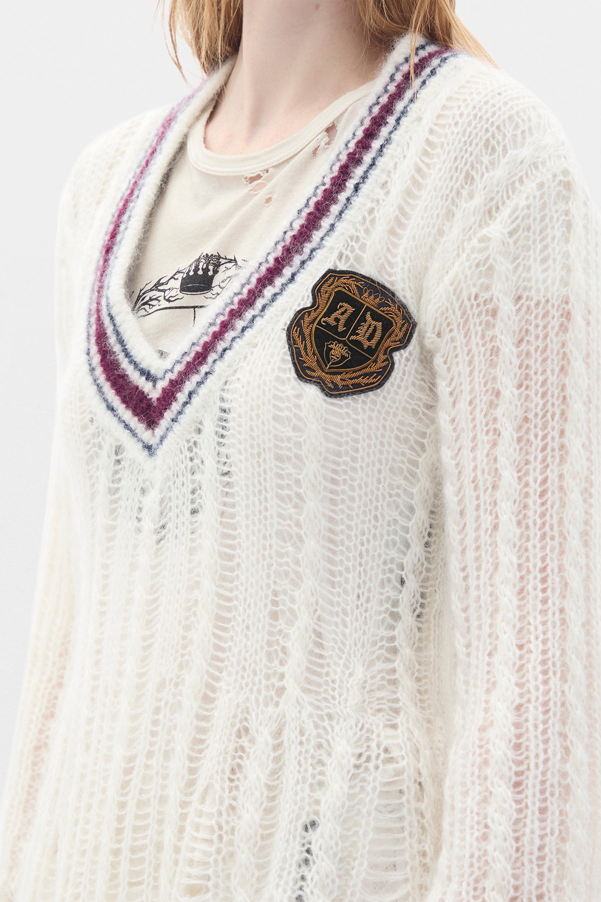 Danna Cable Knit Ladder Stitch Asymmetric Dress with Embroidered Emblem