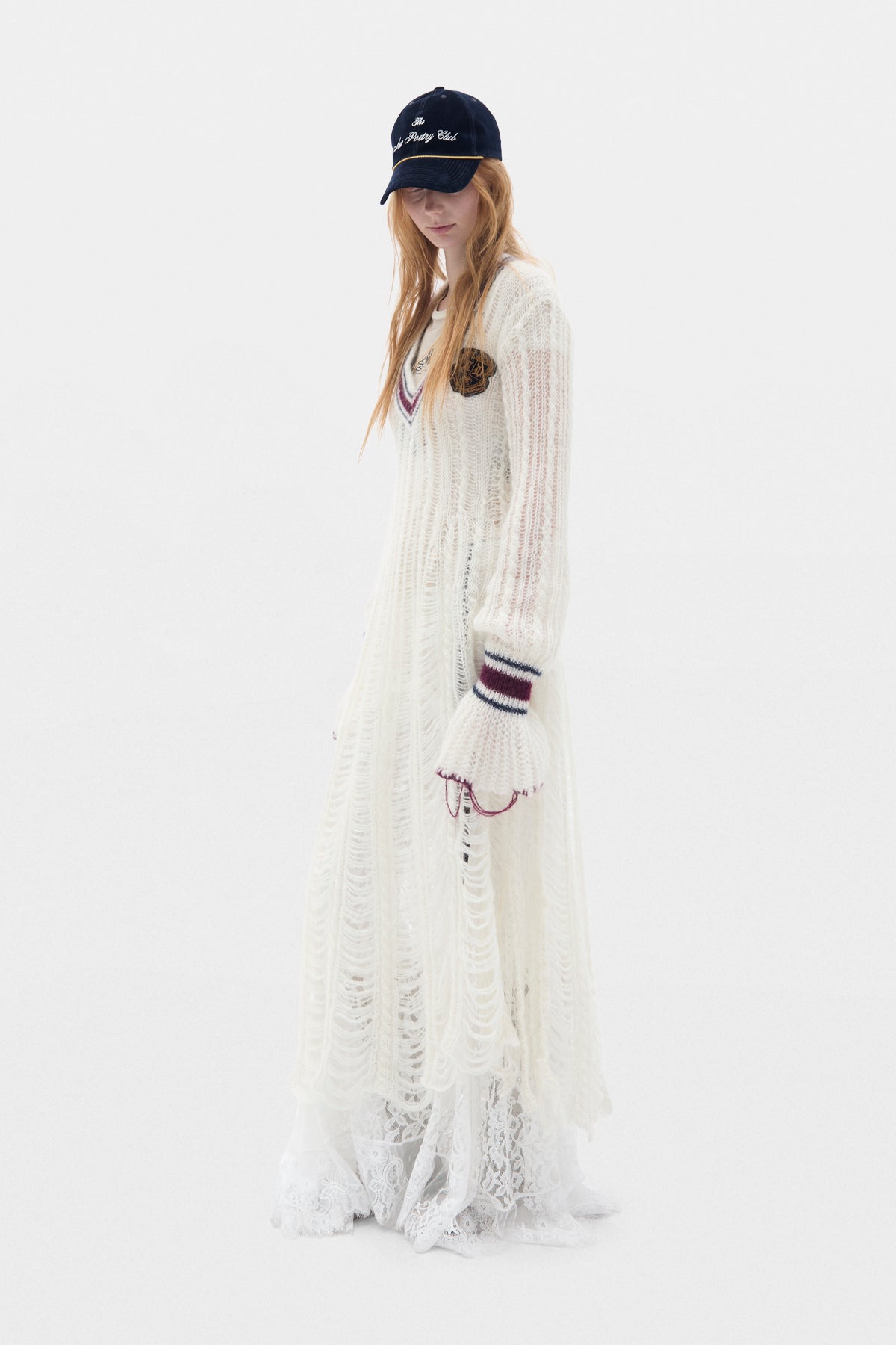 Danna Cable Knit Ladder Stitch Asymmetric Dress with Embroidered Emblem